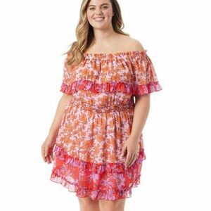 Jessica Simpson Amelia Ruffle Pink and Orange Floral Dress Off The Shoulder 1X